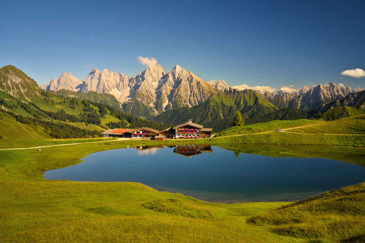 Bayerische Alpen — schneebedeckte Gipfel über grünen Almwiesen